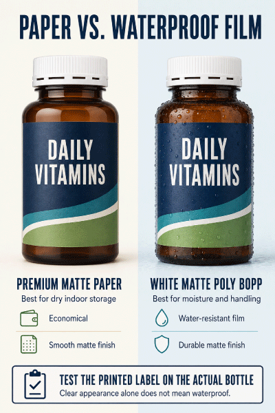 Waterproof versus paper supplement bottle labels