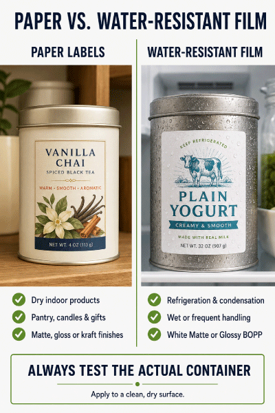 Water-resistant film versus paper labels for tins and canisters