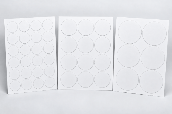 Three blank round label sheets showing small, medium, and large circle labels
