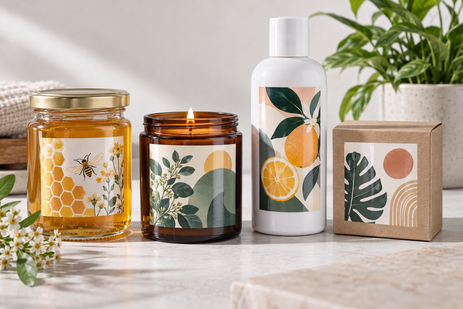 White high-gloss label examples on a honey jar, candle jar, cosmetic bottle, and kraft box